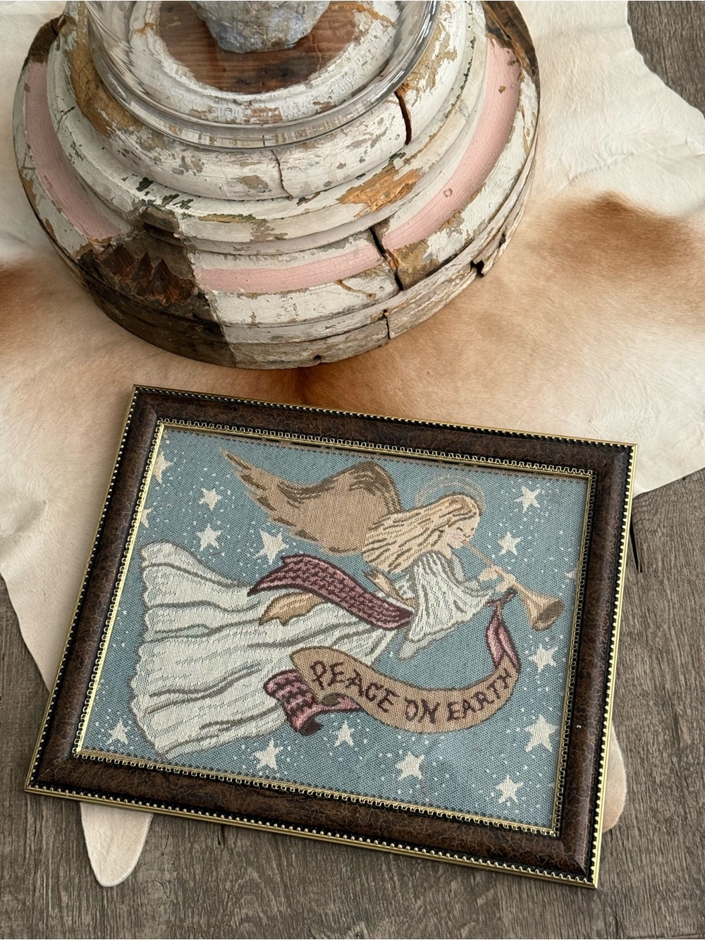 Framed 'Peace on Earth' Needlepoint/Tapestry Wall Art - Blue and Cream